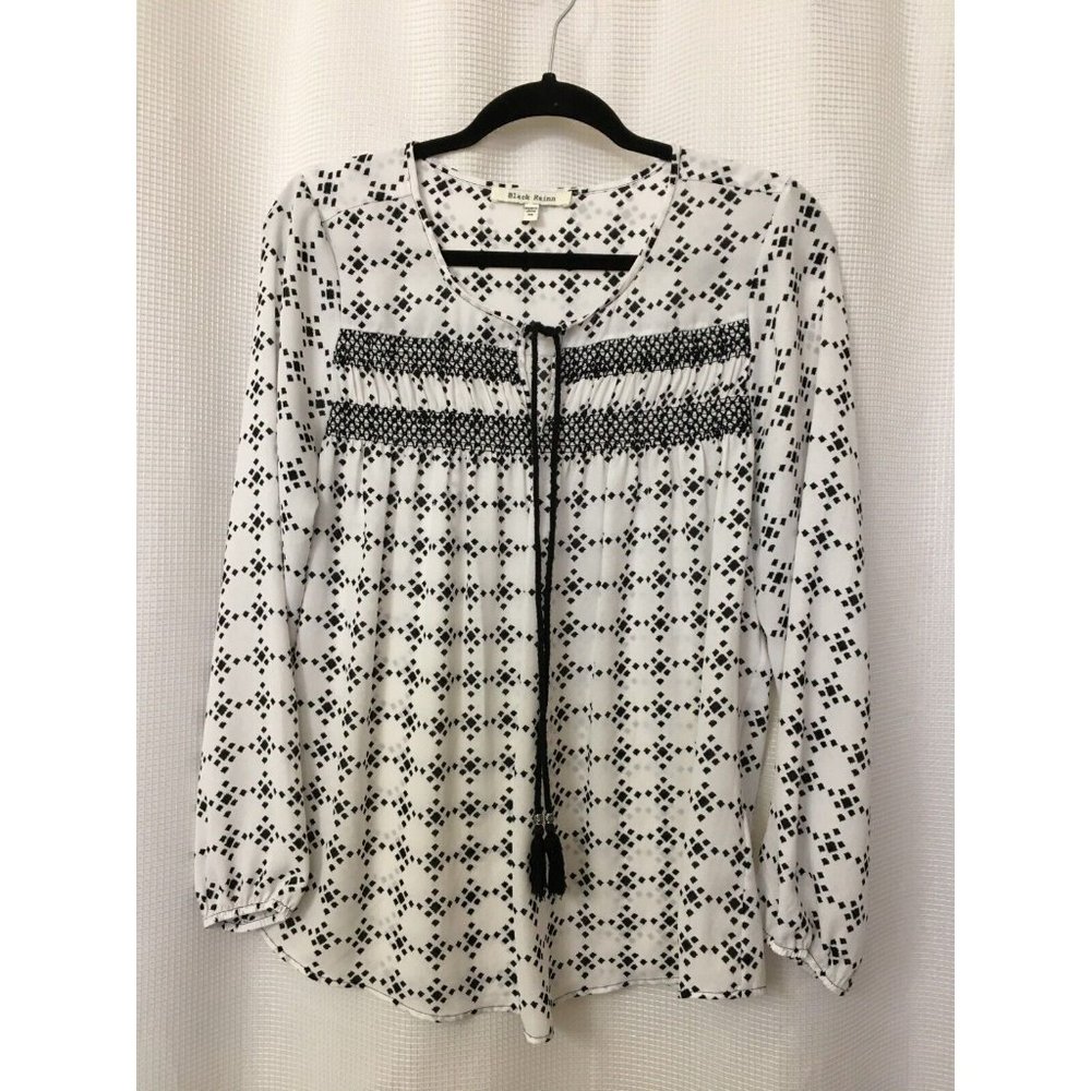 Black Rainn Womens Semi-Sheer Baby Doll Blouse Size Petite Medium Top Blk/Wht A9